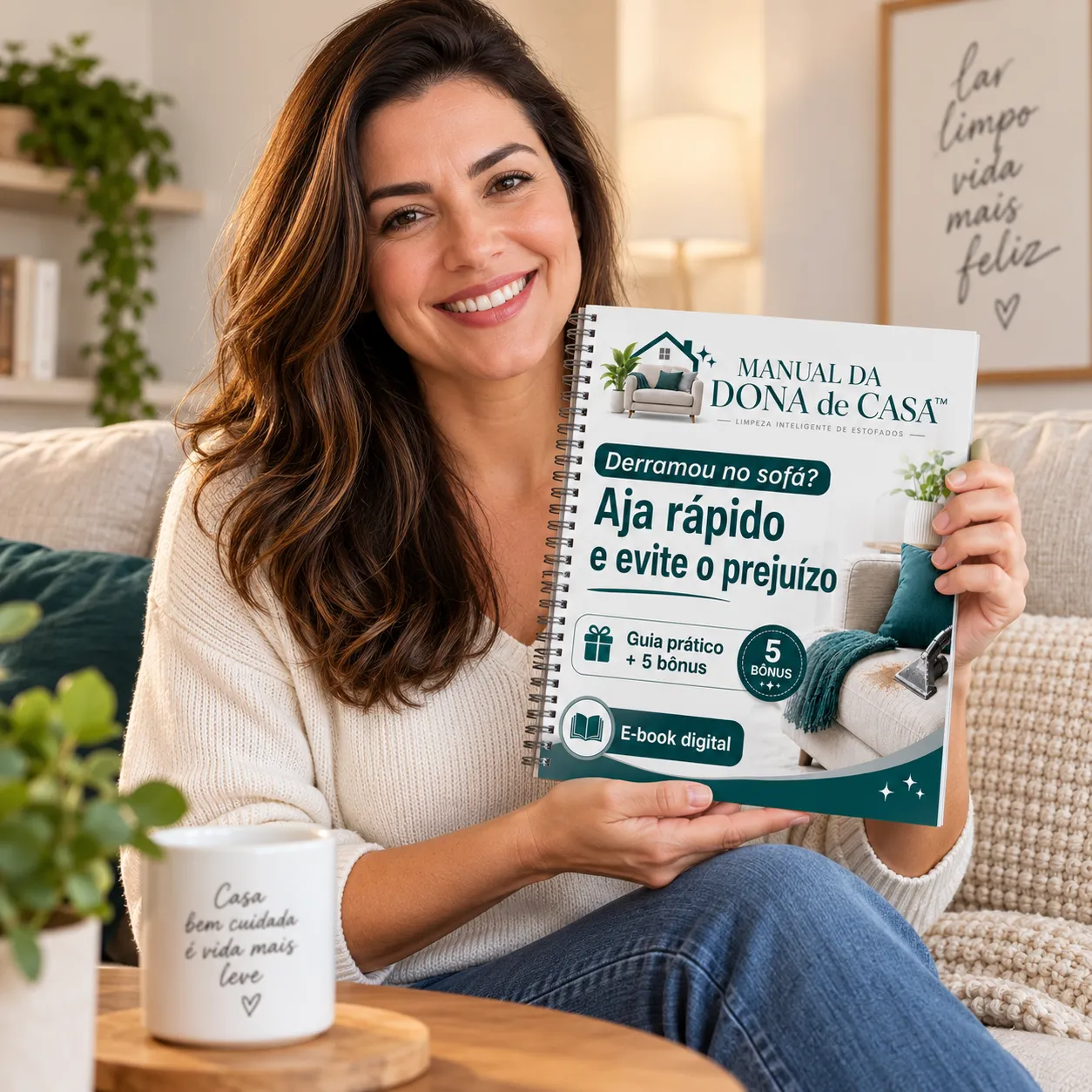 Mulher apresentando o Manual da Dona de Casa
